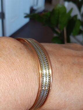 Copper Key Copper-tone Decorative Cuff Bracelet with Silver Accents